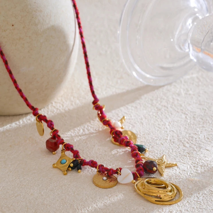 Braided Rope Necklace with Stone Moon & Star Pendant