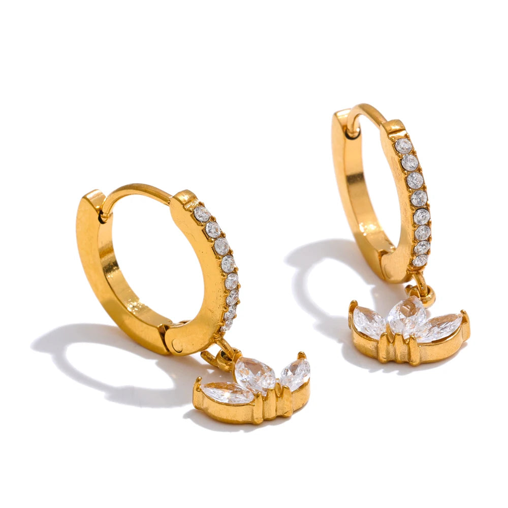 Gold Cubic Zirconia Flower Drop Hoop Earrings