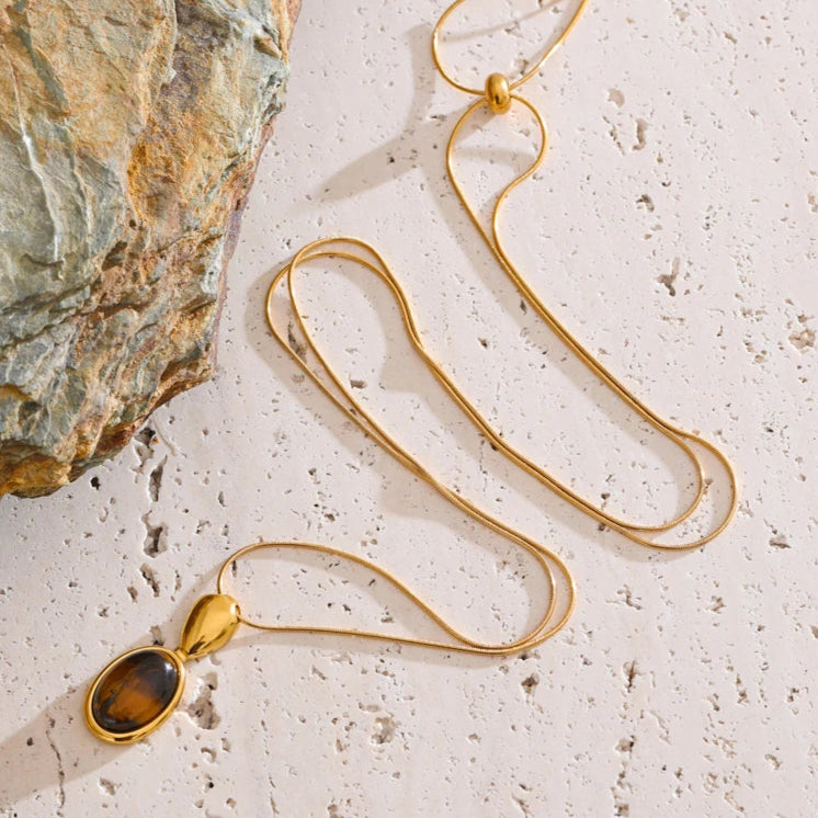 Tiger Eye Stone Oval Pendant Necklace