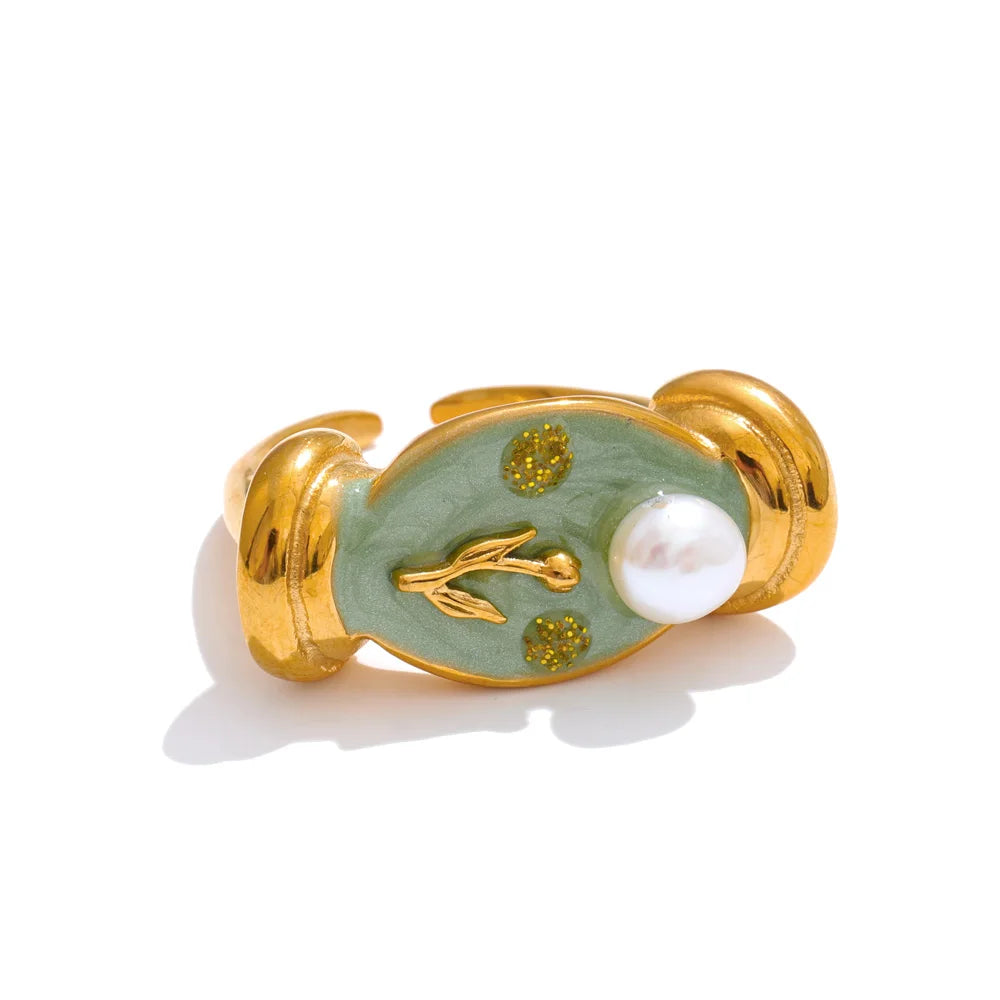Green Enamel Flower Ring with Pearl