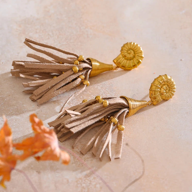 Shell & Coffee Fiber Leather Tassel Drop Earrings