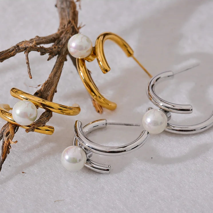 Geometric Imitation Pearl Huggie Earrings