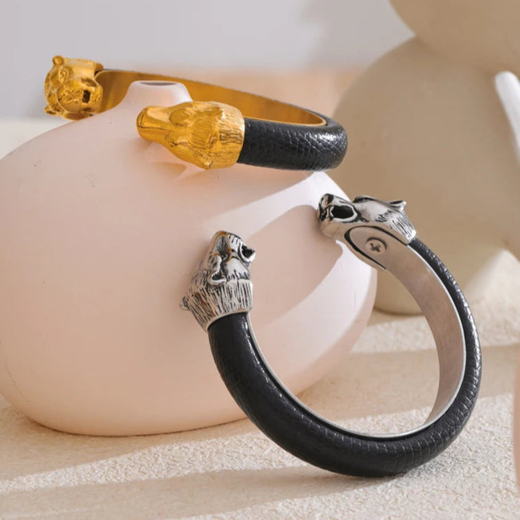 Vintage Leather & Wolf Cuff Bracelet