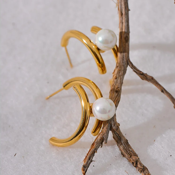Geometric Imitation Pearl Huggie Earrings