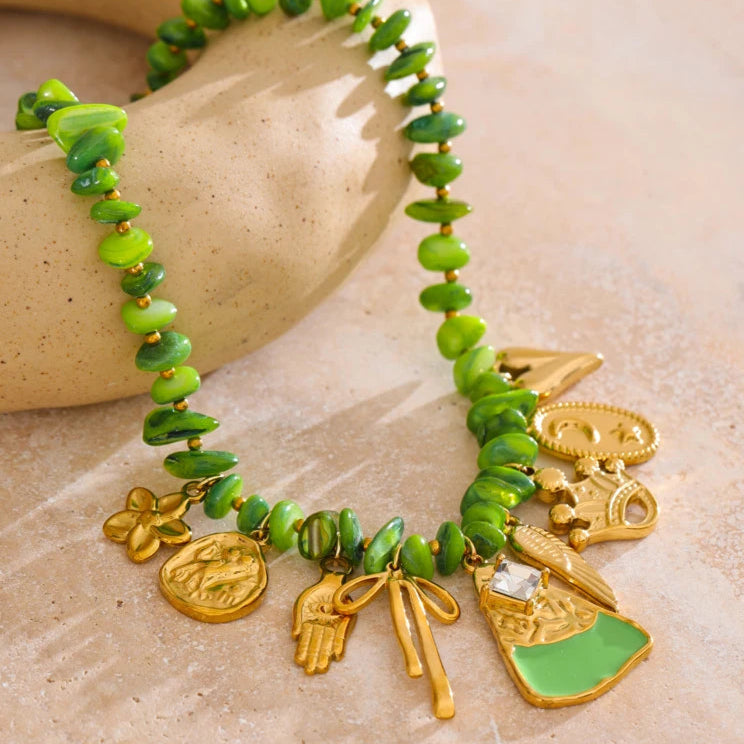 Green Shell Flower Drop Necklace