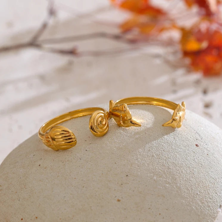 Adjustable Ocean Shell and Fish Open Ring