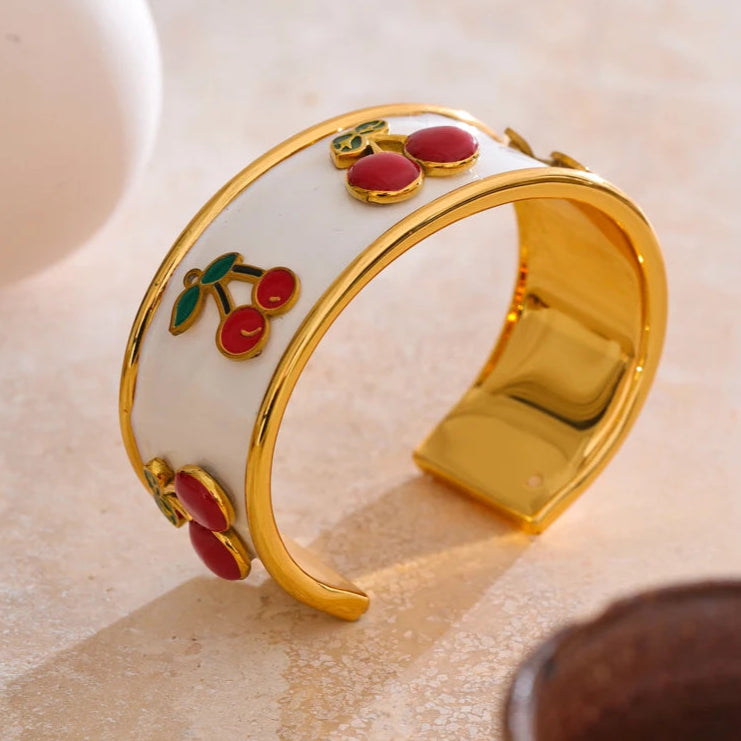 White Enamel Cherry Cuff Bracelet