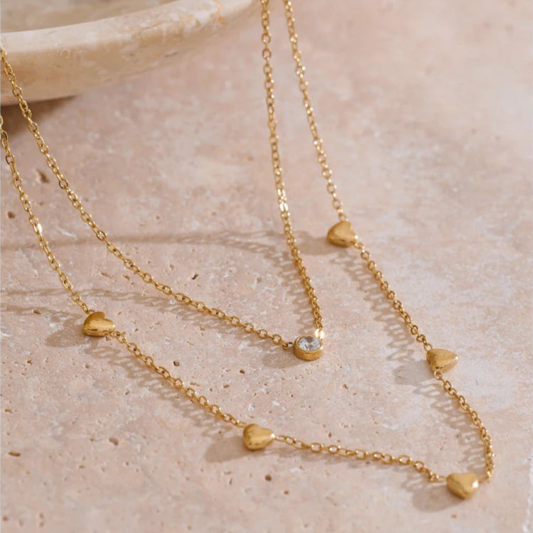 Double Layer Heart & Zirconia Necklace