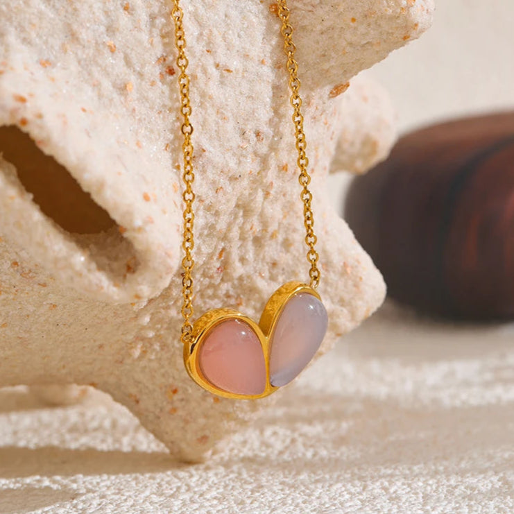 Natural Pink Stone Heart Pendant Necklace