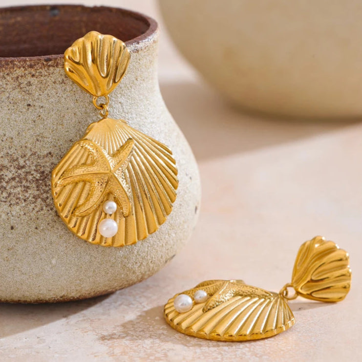 Ocean-Inspired Pearl & Shell Starfish Drop Earrings