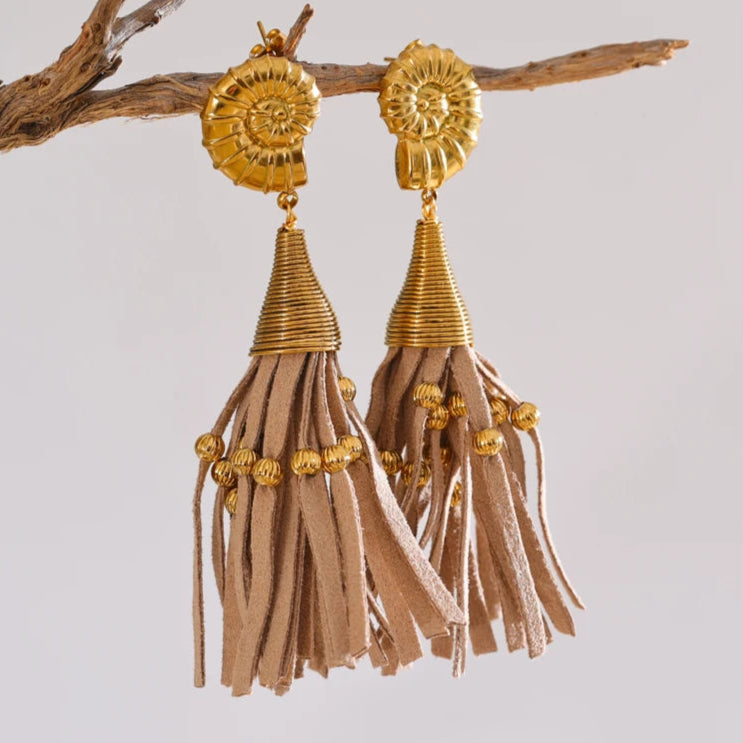 Shell & Coffee Fiber Leather Tassel Drop Earrings