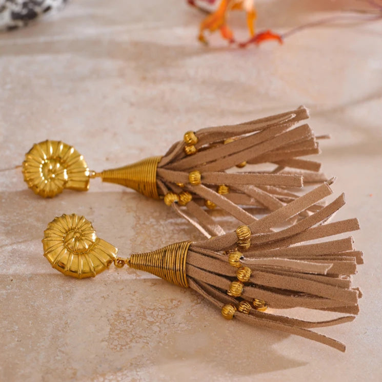Shell & Coffee Fiber Leather Tassel Drop Earrings