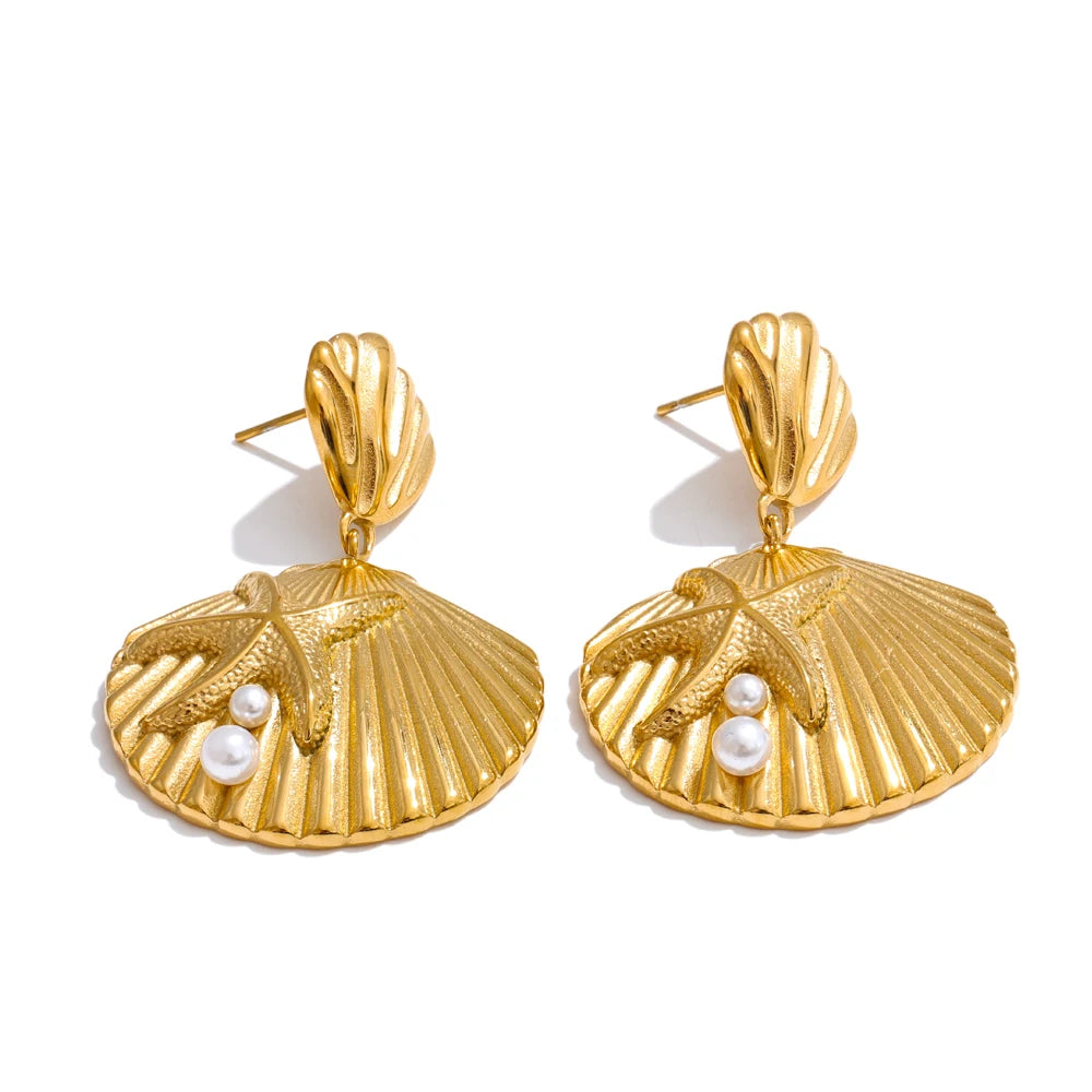 Ocean-Inspired Pearl & Shell Starfish Drop Earrings