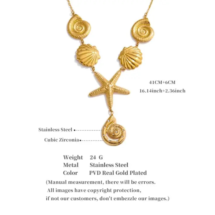 Starfish and shell pendant necklace in gold