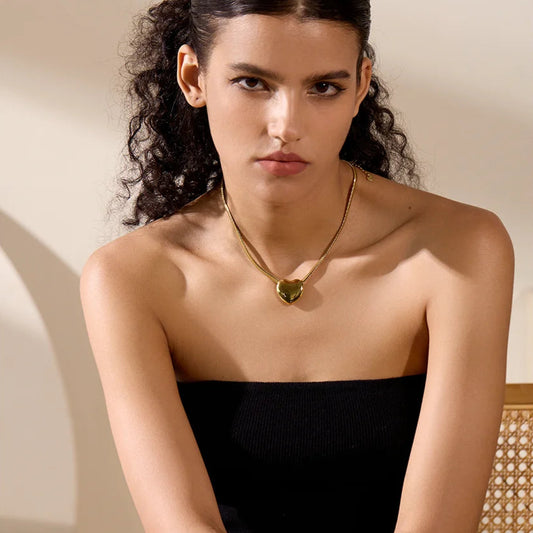 Flat Snake Chain Big Heart Pendant Necklace
