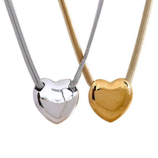 Flat Snake Chain Big Heart Pendant Necklace
