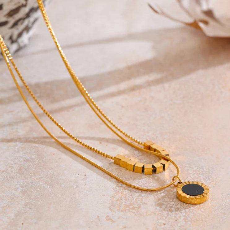 Double-Sided Shell & Black Acrylic Layered Pendant Necklace