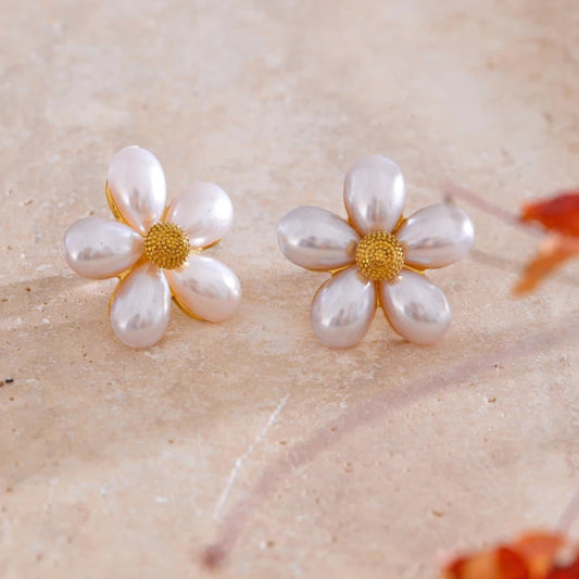 Flower Stud Earrings with Simulated Pearls