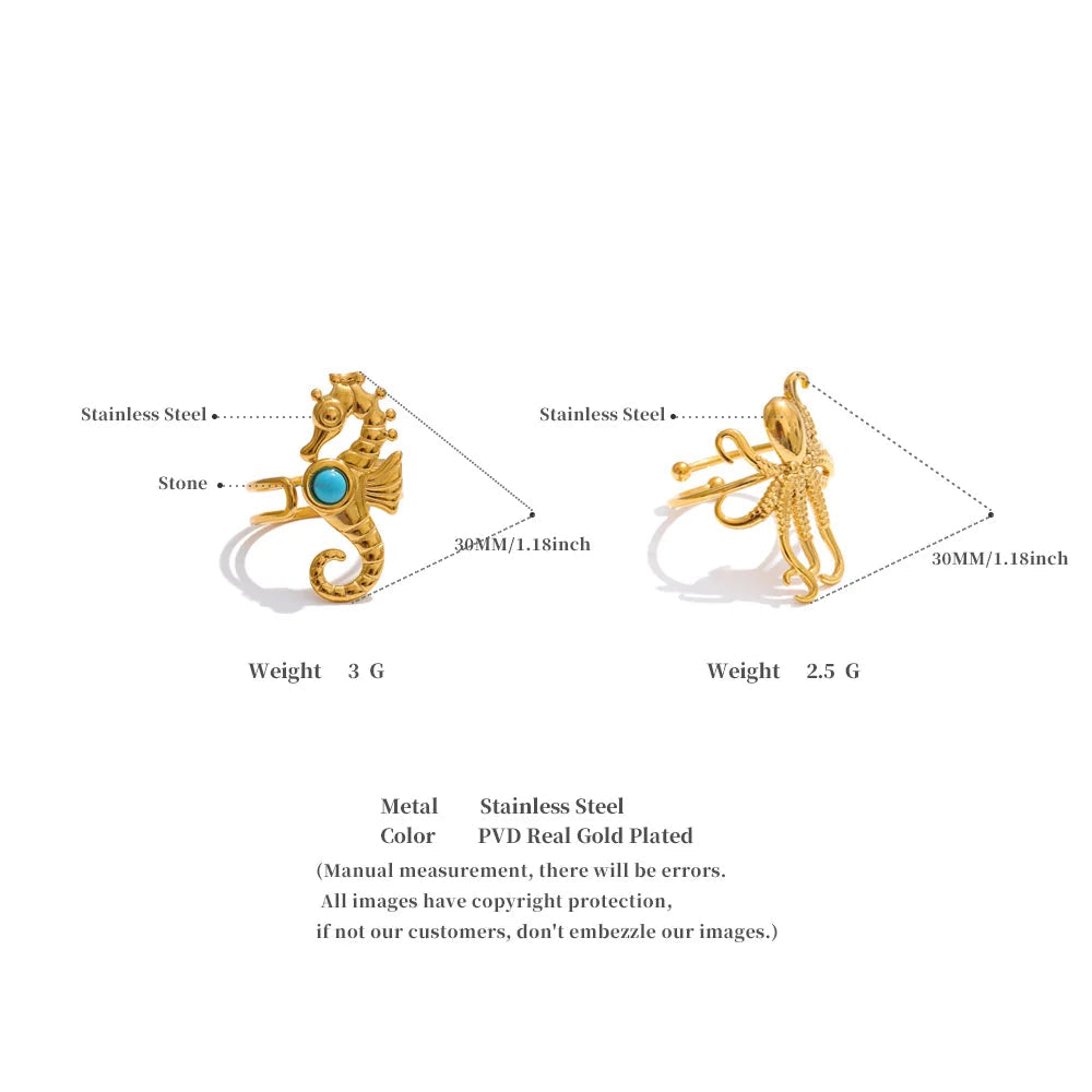 Ocean-Inspired Squid & Seahorse Gold Ring