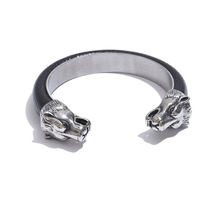 Vintage Leather & Wolf Cuff Bracelet