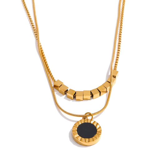 Double-Sided Shell & Black Acrylic Layered Pendant Necklace