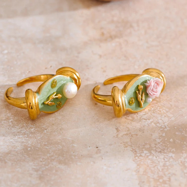 Green Enamel Flower Ring with Pearl
