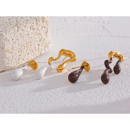Asymmetrical White & Brown Enamel Stud Earrings