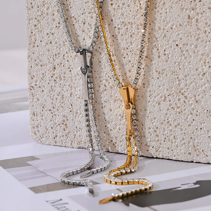 Shiny Cubic Zirconia Zip Pendant Long Necklace