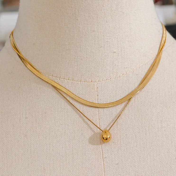 Double Layer Snake Chain Necklace with Water Drop Pendant