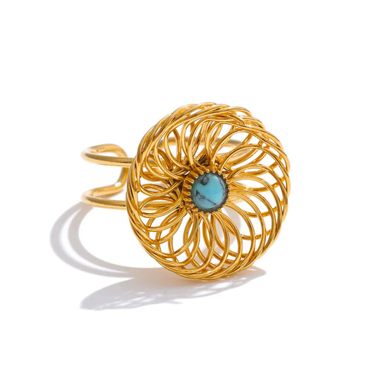 Adjustable Ring With Stone & Floral Hollow Design