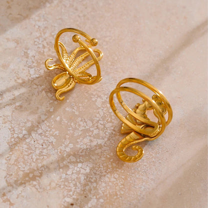 Ocean-Inspired Squid & Seahorse Gold Ring