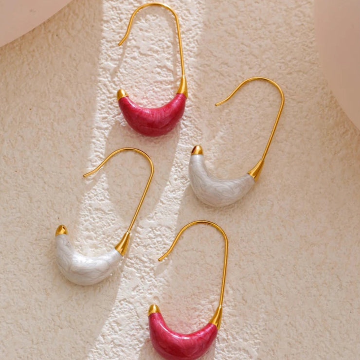 Red & White Enamel U-Shape Hoop Earring