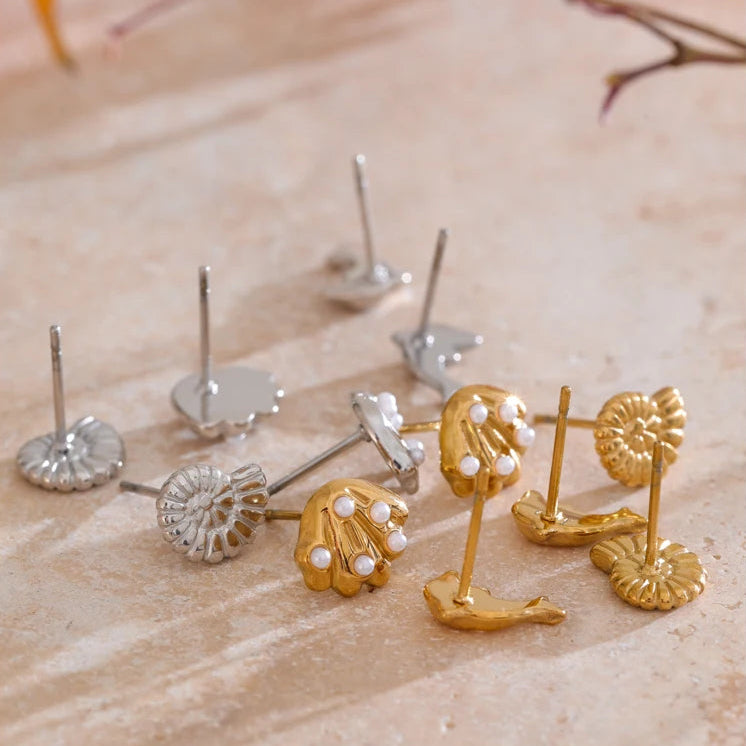Ocean-Inspired Shell, Conch & Dolphin Stud Earrings