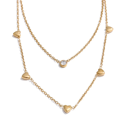 Double Layer Heart & Zirconia Necklace