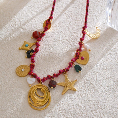 Braided Rope Necklace with Stone Moon & Star Pendant