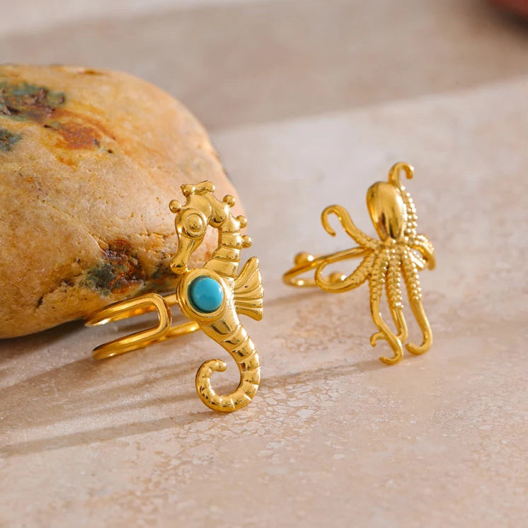Ocean-Inspired Squid & Seahorse Gold Ring