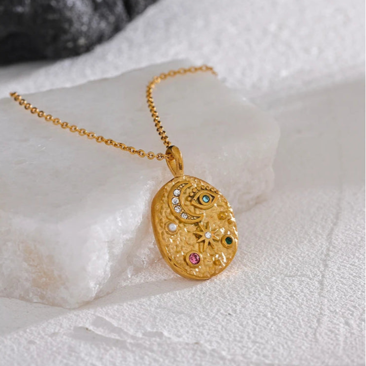 Moon, Star & Eye Oval Pendant Necklace