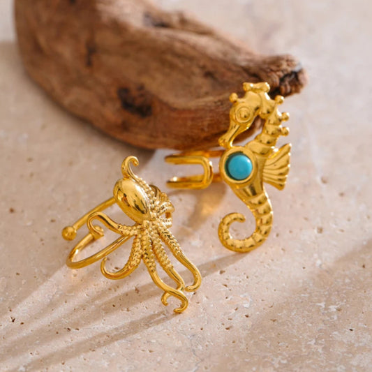 Ocean-Inspired Squid & Seahorse Gold Ring