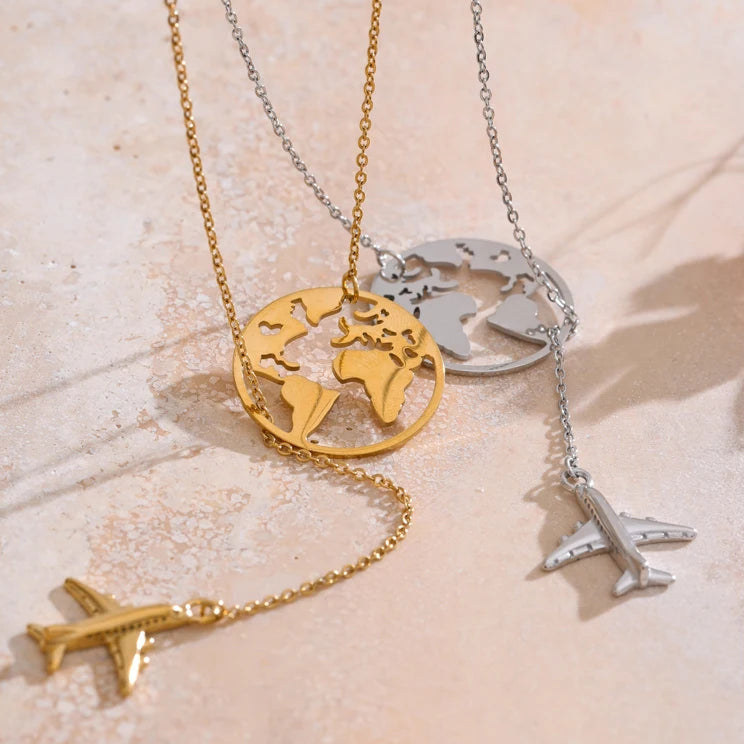 Map and Airplane Pendant Necklace