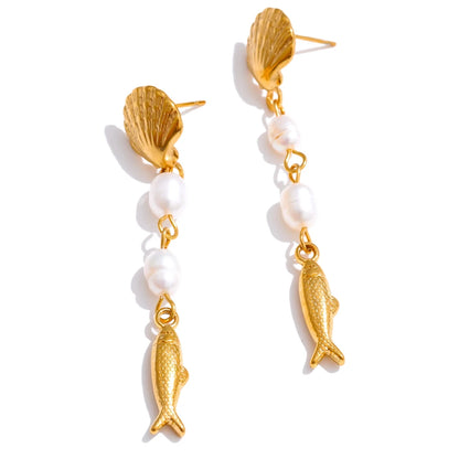 Ocean-Inspired Pearl & Shell Fish Dangle Earrings