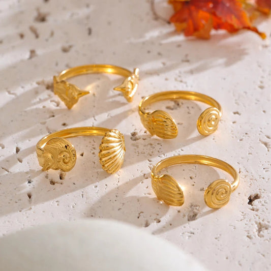 Adjustable Ocean Shell and Fish Open Ring