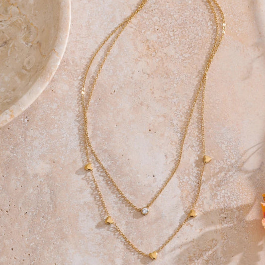 Double Layer Heart & Zirconia Necklace