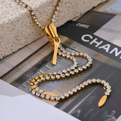 Shiny Cubic Zirconia Zip Pendant Long Necklace