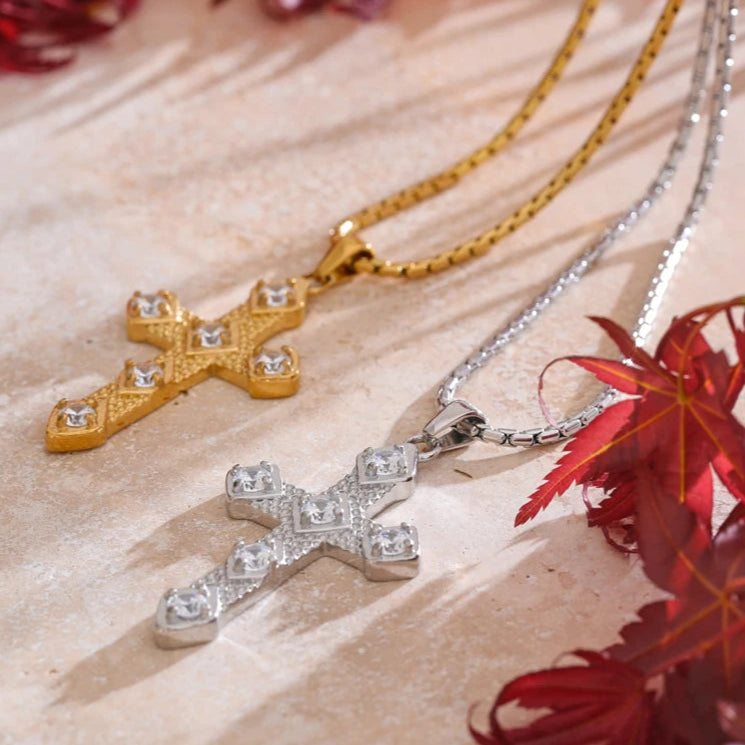 Shiny Cubic Zirconia Cross Pendant Necklace