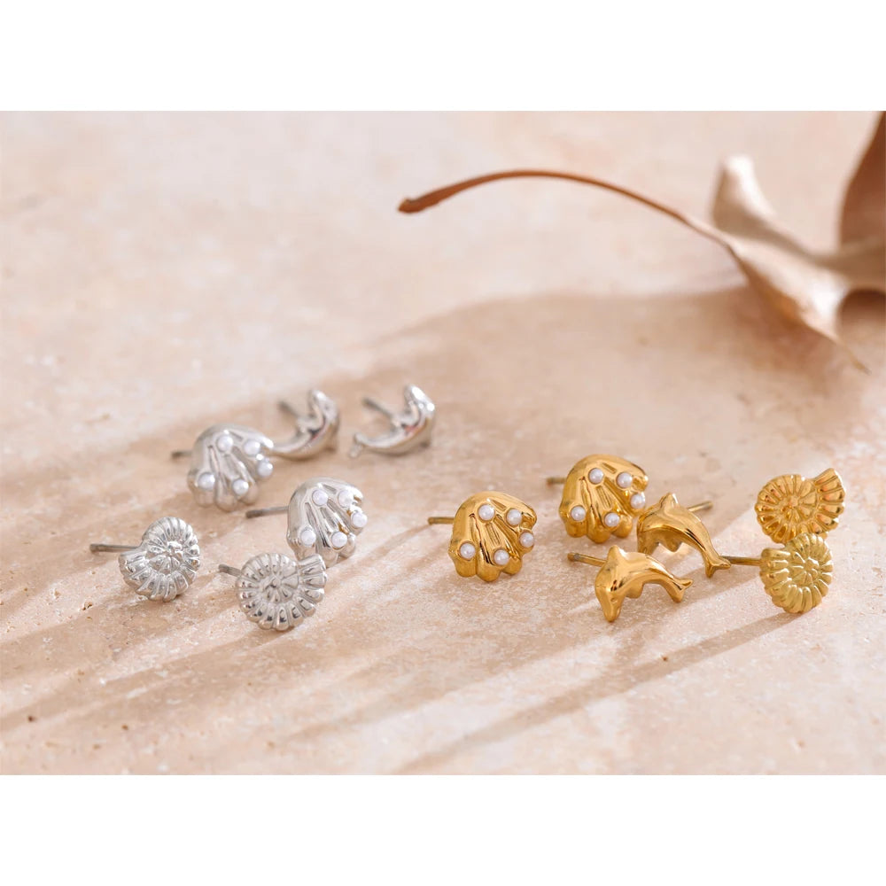 Ocean-Inspired Shell, Conch & Dolphin Stud Earrings