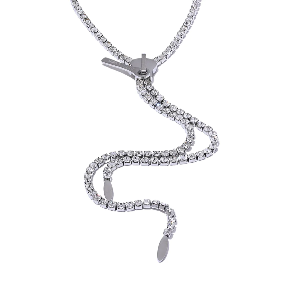 Shiny Cubic Zirconia Zip Pendant Long Necklace