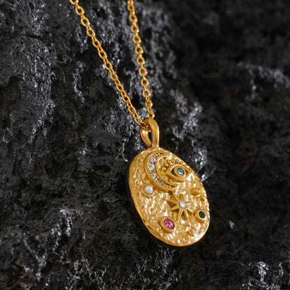 Moon, Star & Eye Oval Pendant Necklace