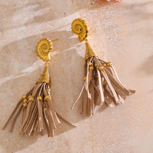 Shell & Coffee Fiber Leather Tassel Drop Earrings