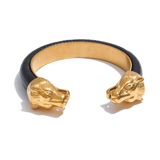 Vintage Leather & Wolf Cuff Bracelet