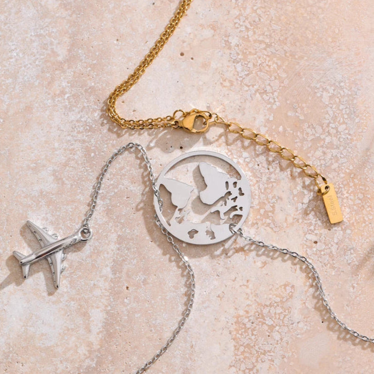 Map and Airplane Pendant Necklace